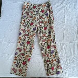 Ethnic Cream Floral Pants, Boho Cottagecore Lightweight Soft Pants